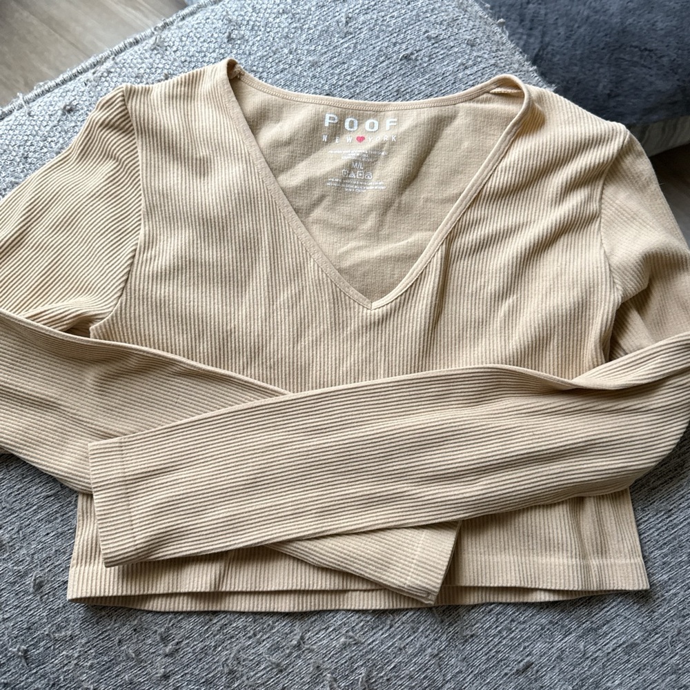Poof! Women's Beige Ribbed Long Sleeve V-Neck Top